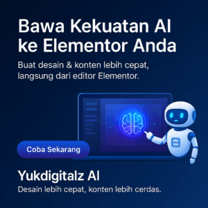 An AI robot points to a screen displaying a glowing brain icon, representing an AI tool for design.